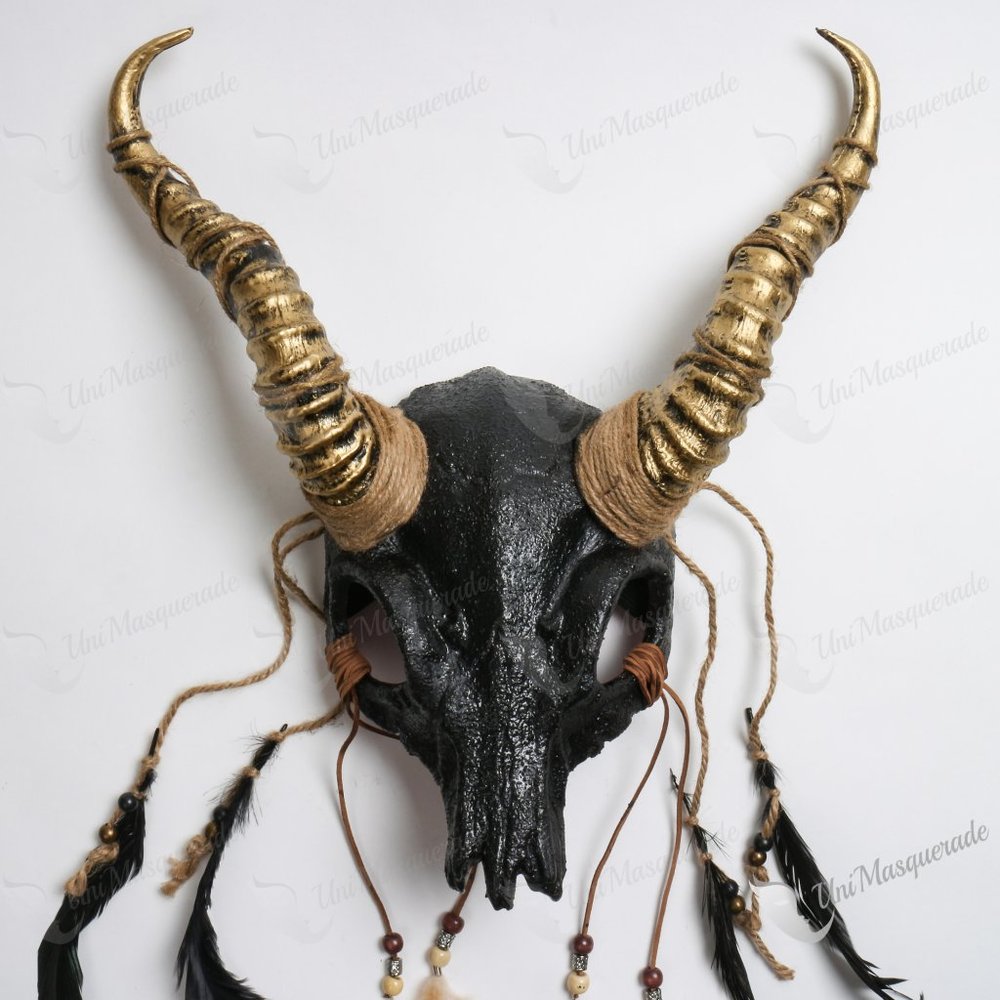 Black Devil Wide Antelope Gold Horn Masquerade Mask Halloween Costume Party Mask